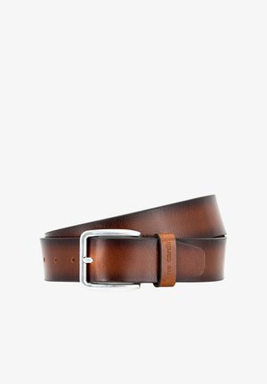 Brown leather belt with silver rectangular buckle, multiple holes for adjustment, and a leather loop embossed with "Pierre Cardin."