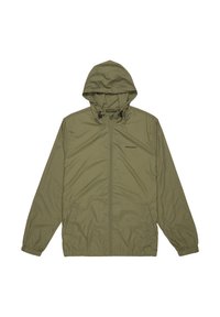 Lichtgewicht olijfgroene jas met een rits aan de voorkant, verstelbare kap, elastische manchetten en zijzakken. Gladde, waterafstotende stof.