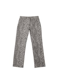 Šedé džíny rovného střihu s světle šedým leopardím vzorem, zapínání na knoflík a zip, přední a zadní kapsy, ležící na bílém pozadí.