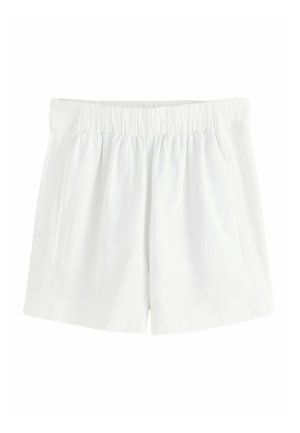 Weiße Shorts aus leichtem Stoff mit elastischem Bund, zwei Seitentaschen und einem lockeren Schnitt mit geradem Saum.