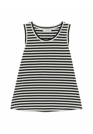 Haut sans manches rayé noir et blanc horizontal avec un col rond et une silhouette en A.