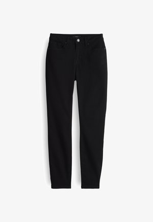 Jean noir ajusté avec fermeture avant à boutons et zip, cinq poches, et passants pour ceinture, présenté à plat sur un fond blanc.