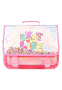 Sac à dos en plastique rose avec un rabat transparent arborant le texte coloré "BEST LIFE" et des accents décoratifs rappelant des confettis le long du bas.