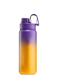 Verloop waterfles in paars en oranje, gemaakt van plastic, met een schroefdop, een draaglus en een gestructureerde afwerking.