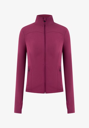 Chaqueta morada de manga larga con cremallera, cuello alto y bolsillos laterales con cremallera, diseñada para una silueta ajustada.