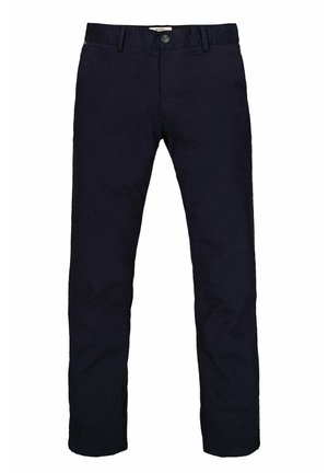 Navyblauwe slim-fit broek met knoopsluiting, riemlussen en steekzakken, weergegeven tegen een witte achtergrond.