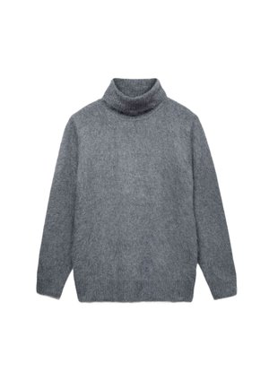 Maglione grigio a collo alto e maniche lunghe, con tessuto morbido e peloso e polsini e orlo a costine, steso su uno sfondo bianco.