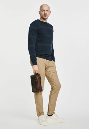 Łysy mężczyzna w granatowo-zielonym paskowanym swetrze, beżowych spodniach, białych trampkach, trzymający brązową skórzaną teczkę na jednolitym tle.