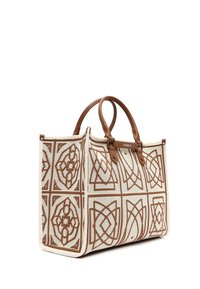 Borsa tote beige con motivi geometrici marroni, manici in pelle marrone e etichetta "DERIMOD" al centro anteriore.
