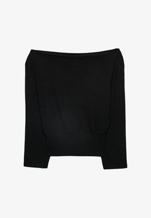 Čierny sveter s odhalenými ramenami vyrobený z pleteného materiálu, s dlhými rukávmi a rebrovaným lemom. Klasický strih s hladkou textúrou.