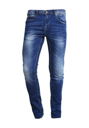 Jeans skinny din denim de culoare albastru închis, cu un finisaj estompat, detalii subtile de frecare, cinci buzunare și o închidere cu buton metalic.