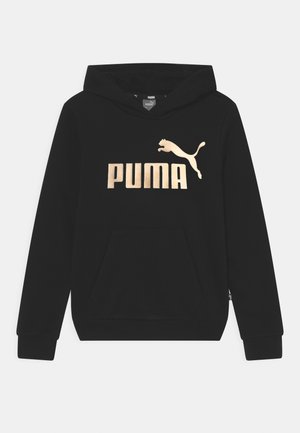 Czarna bluza z kapturem wykonana z bawełny, z dużym złotym logo PUMA i grafiką z przodu, posiadająca kieszeń kangurzą i ściągacze przy mankietach.