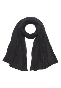 Black ribbed knit scarf, lightweight with a soft texture, featuring long, flowing ends and a smooth finish throughout.