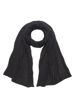 Schwarzer gerippter Strickschal, leicht und mit weicher Textur, mit langen, fließenden Enden und einer glatten Oberfläche.