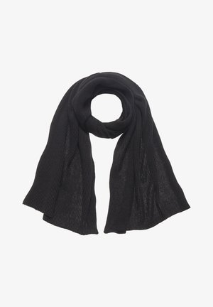 Black ribbed knit scarf, lightweight with a soft texture, featuring long, flowing ends and a smooth finish throughout.