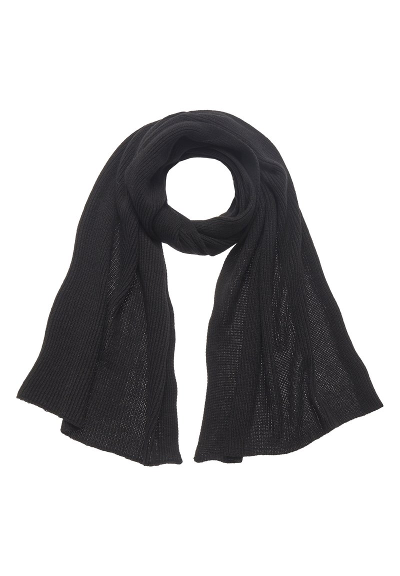 Black ribbed knit scarf, lightweight with a soft texture, featuring long, flowing ends and a smooth finish throughout.