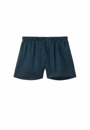 Mörkblå linneshorts med elastisk midja, snörningsdetalj och uppvikt fåll, med en slät textur och avslappnad passform.