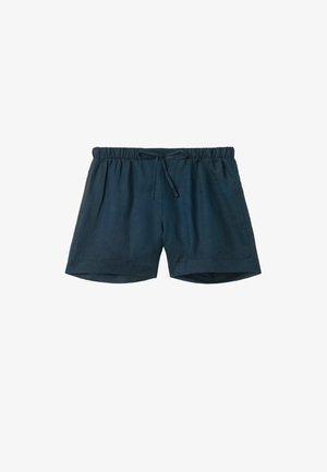 Marineblaue Leinen-Shorts mit einem elastischen Bund, Kordelzugdetails und umgeschlagenen Säumen, die eine glatte Textur und einen lockeren Sitz bieten.