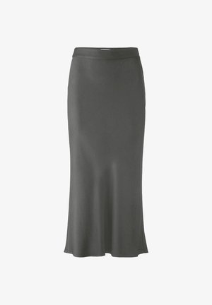 Gray satin long skirt with a smooth texture, fitted waist, and flared hem, featuring a clean design without patterns or accents.