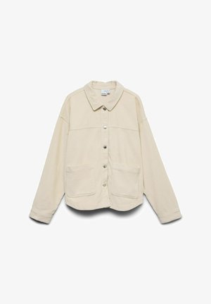 Krēmkrāsas korduroja jaka ar pogu aizdari, apkakli, divām priekšējām kabatām un plašām piedurknēm. Tekstūrēta auduma ar smalku ribošanu.