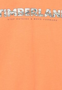 Oranje katoenen T-shirt met het 'Timberland'-logo in vette letters, vergezeld van een grafische afbeelding van een berglandschap en de slogan "Stap naar buiten en ga vooruit."