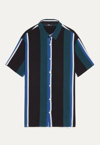 Camicia a maniche corte con righe verticali in nero, teal, blu e bianco. Design a bottoni con tessuto morbido e colletto distintivo.
