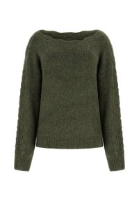 Miękki oliwkowozielony sweter dzianinowy z długimi rękawami i szerokim, okrągłym dekoltem.