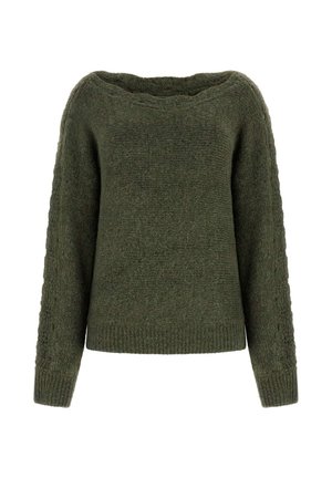 Miękki oliwkowozielony sweter dzianinowy z długimi rękawami i szerokim, okrągłym dekoltem.