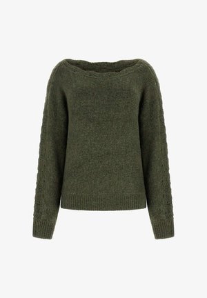 Maglione lavorato a maglia di un morbido verde oliva, con maniche lunghe e un ampio scollo rotondo.