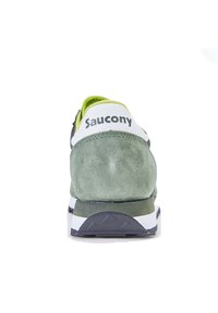 Sneakers in pelle scamosciata verdi con dettagli neri e bianchi. Presentano una suola imbottita e un logo "Saucony" in evidenza sul tallone.