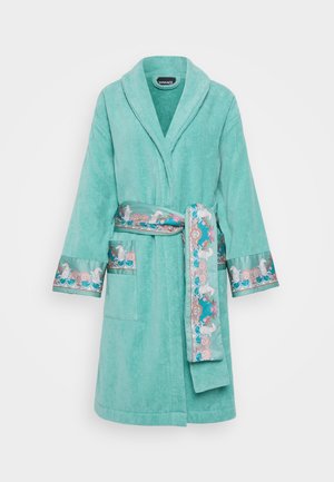 Turbianes, plüschiges Bademantel mit Schalkragen, langen Ärmeln, zwei Taschen und einem gemusterten Gürtel mit Muscheln und Pferden in Rosa und Blau.