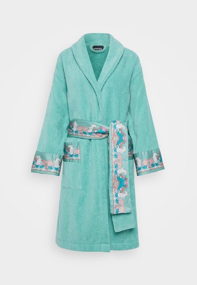 Turquoise plush bathrobe with shawl collar, long sleeves, two pockets, and patterned belt featuring seashells and horses in pink and blue.