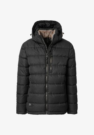 Zwarte donzen jas met ritssluiting en capuchon. Heeft een doorgestikt patroon, zachte bontvoering, buitenzak met rits en subtiel merkembleem.