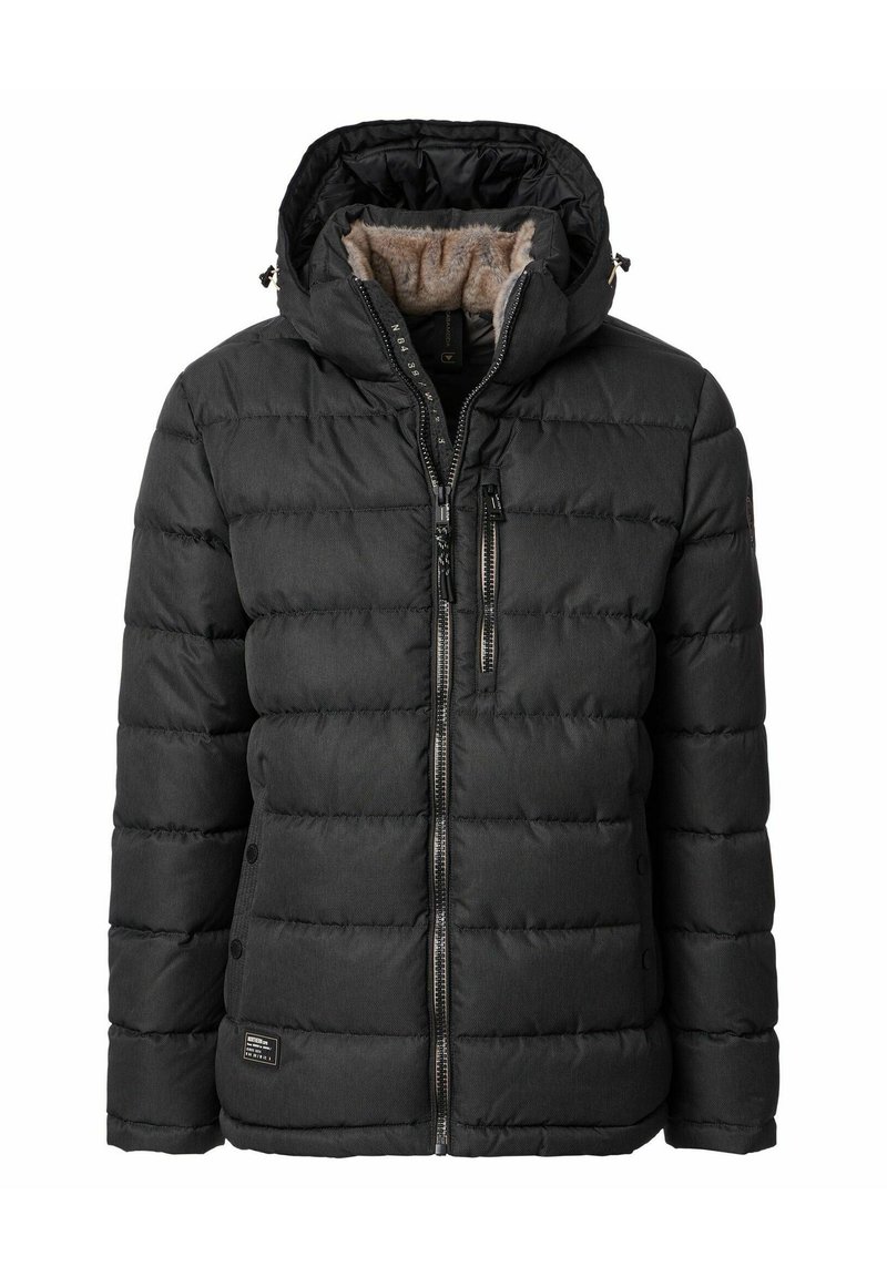 Sort dunjakke med lynlås og hætte. Har quiltet mønster, blødt pelsfoer, lynlåslomme udenpå og diskret logo.