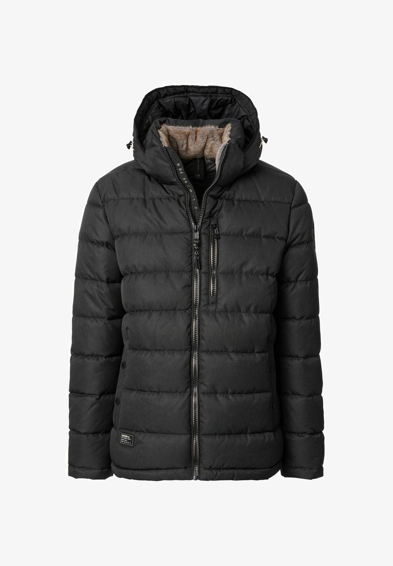 Sort dunjakke med lynlås og hætte. Har quiltet mønster, blødt pelsfoer, lynlåslomme udenpå og diskret logo.