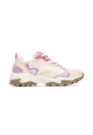 Zapatilla gruesa en beige, rosa claro y lavanda con cordones blancos y una suela beige gruesa y texturizada.