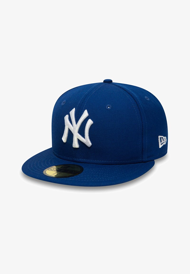 Blue baseball cap made of fabric, featuring a white embroidered "NY" logo, flat brim, and stitched accents on the sides.