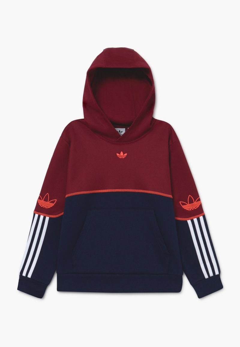 Hooded sweatshirt in burgundy and navy with front pocket, white sleeve stripes, and red Adidas logo on chest and sleeves.