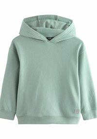 Sweatshirt à capuche vert clair avec texture côtelée, coutures latérales et une petite étiquette de marque près de l'ourlet. Manches longues et cou large.