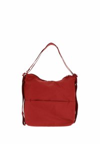 Sac à épaule en tissu rouge avec une surface texturée, une forme arrondie, une fermeture éclair sur le dessus et une poche zippée à l'avant. Doté de bretelles ajustables.