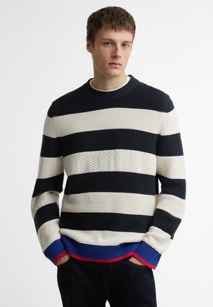 Jeune homme portant un pull en maille à larges rayures noires et blanches avec des poignets bleus et rouges, debout devant un fond blanc uni.