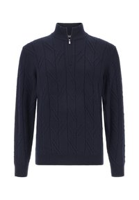Námořnické modré svetr s pleteným vzorem a dlouhými rukávy, s límcem na čtvrtinový zip a žebrovanými manžetami a lemem.