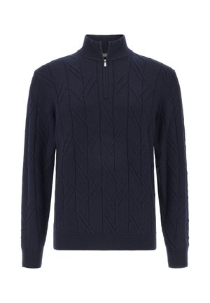 Navyblauwe kabelgebreide trui met lange mouwen, kwart-rits kraag en geribde manchetten en zoom.