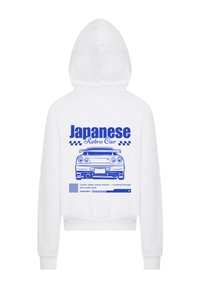 White hoodie featuring a blue graphic illustration of a retro Japanese car, with text and horizontal pattern accents below the design.