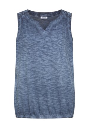 Haut sans manches bleu-gris texturé avec col en V et ourlet élastique, étiqueté "Cecil" à l'intérieur du col.