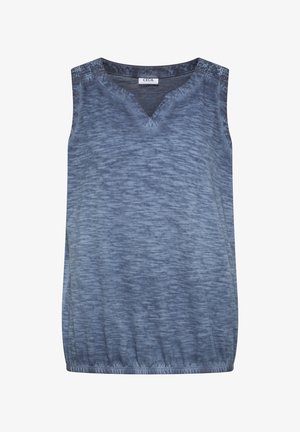 Niebiesko-szary top bez rękawów z fakturą, dekoltem w serek i elastycznym dołem, z metką "Cecil" wewnątrz kołnierzyka.