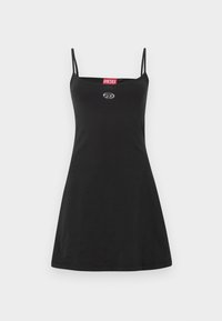 Μαύρο φόρεμα τύπου τανκ κατασκευασμένο από απαλό ύφασμα, με λεπτές τιράντες και ελαφρώς φαρδιά γραμμή. Φέρει κόκκινη ετικέτα Diesel στον λαιμό.