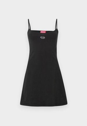 Sort tankkjole lavet af blødt stof med smalle stropper og en let udvidet silhuet. Fremviser et rødt Diesel-mærke ved halsudskæringen.