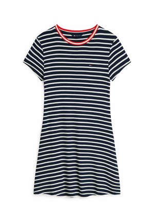 Vestido de manga corta con rayas horizontales en azul marino y blanco, escote redondo con ribete rojo y pequeño logo en el pecho.