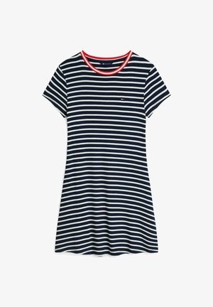 Kurzärmeliges Kleid mit horizontalen navyblauen und weißen Streifen, rundem Ausschnitt mit roter Einfassung und kleinem Brustlogo.
